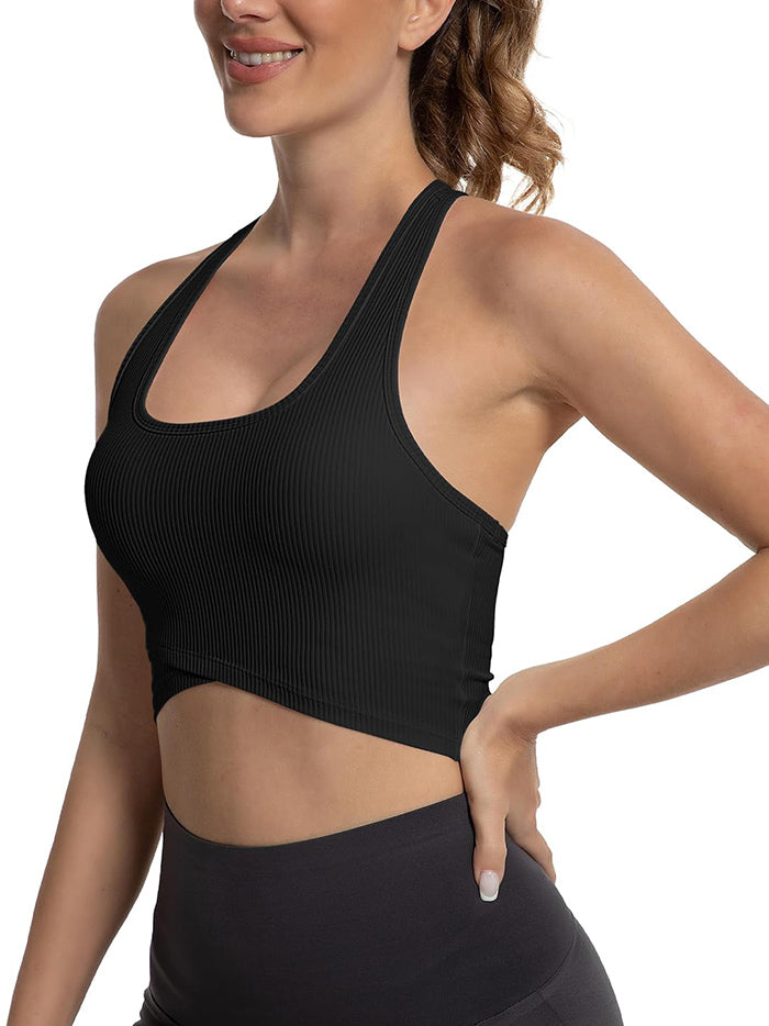 MathCat Cross Hem Crop Sports Bras with Built in Bra Black