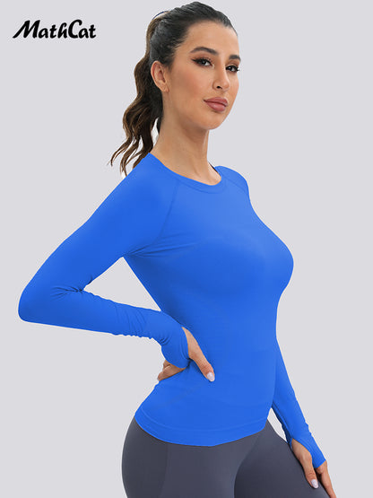 MathCat Long Sleeve Workout Shirts Yoga Running Women's Compression Shirts with Thumb Holes Lakeblue