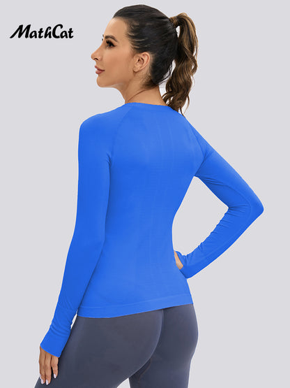 MathCat Long Sleeve Workout Shirts Yoga Running Women's Compression Shirts with Thumb Holes Lakeblue