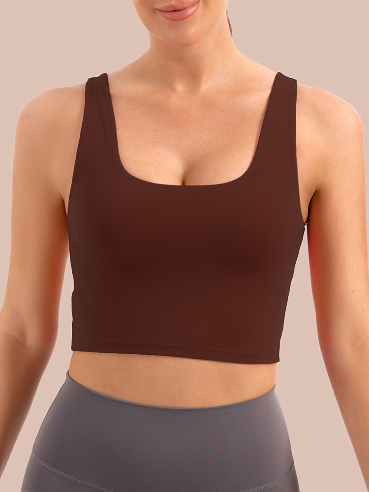 MathCat Scoop Neck U Back Padded Low Impact Workout Sports Bra Brown