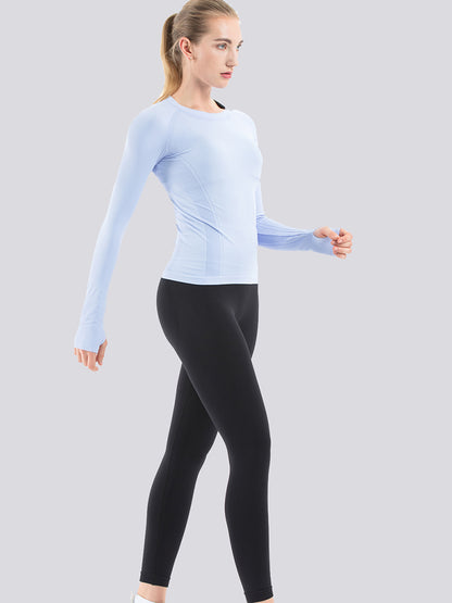 Mathcat Seamless Workout Shirts Breathable Long Sleeve Yoga Tops Blue