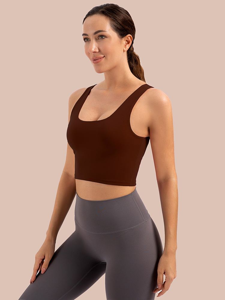 MathCat Scoop Neck U Back Padded Low Impact Workout Sports Bra Brown